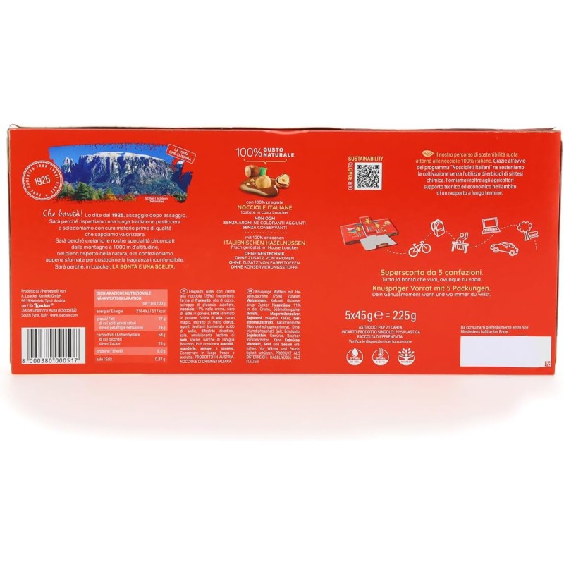 Loacker - Classic Napolitaner - Wafer Classico con 3 Strati di Cialde Farcite con Crema alla Nocciola - Merenda e Snack - Formato Famiglia con 5 Wafer da 45 Grammi