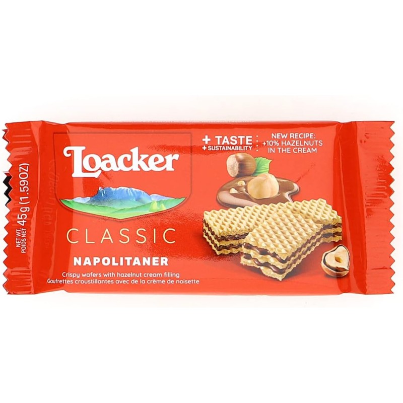Loacker - Classic Napolitaner - Wafer Classico con 3 Strati di Cialde Farcite con Crema alla Nocciola - Merenda e Snack - Formato Famiglia con 5 Wafer da 45 Grammi