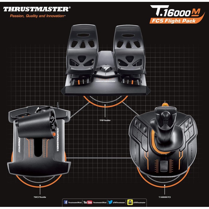 Thrustmaster T16000M FCS Flight Pack - Sistema di controllo di volo completo con joystick, manetta e pedali del timone, con tecnologia H.E.A.R.T HallEffect AccuRate per PCAccuRate pour PC