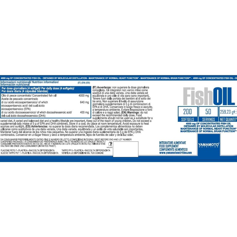 YAMAMOTO NUTRITION Fish Oil Molecular Distillation 200 Softgels, Integratore Alimentare con Omega 3 EPA e DHA da Olio di Pesce, Senza Glutine e Senza Lattosio - 200 unità (Confezione da 1) YAMAMOTO NUTRITION Fish Oil Molecular Distillation 200 Softgels, Integratore Alimentare con Omega 3 EPA e DHA da Olio di Pesce, Senza Glutine e Senza Lattosio - 200 unità (Confezione da 1)