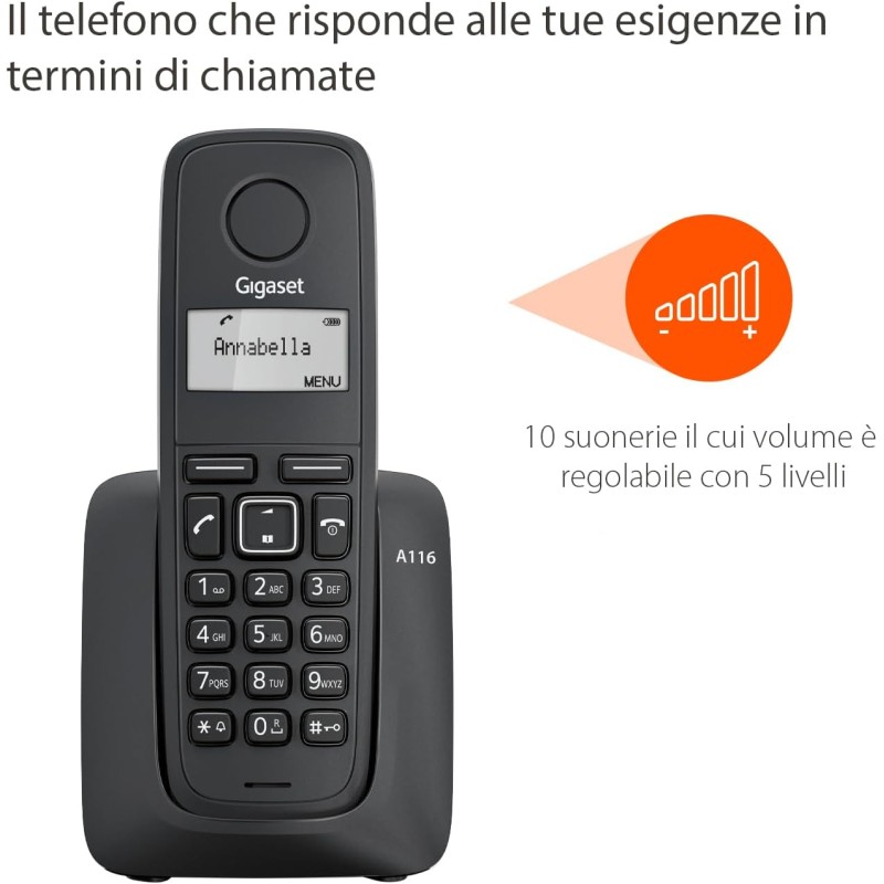 Gigaset A116 - Telefono Cordless - Durata delle batterie 12 ore di conversazione e 130 ore di standby - Fino a 50 voci, Nero [Compatibile in IT, ES]
