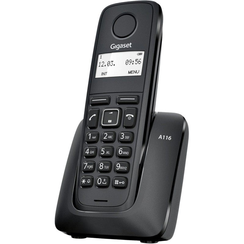 Gigaset A116 - Telefono Cordless - Durata delle batterie 12 ore di conversazione e 130 ore di standby - Fino a 50 voci, Nero [Compatibile in IT, ES]