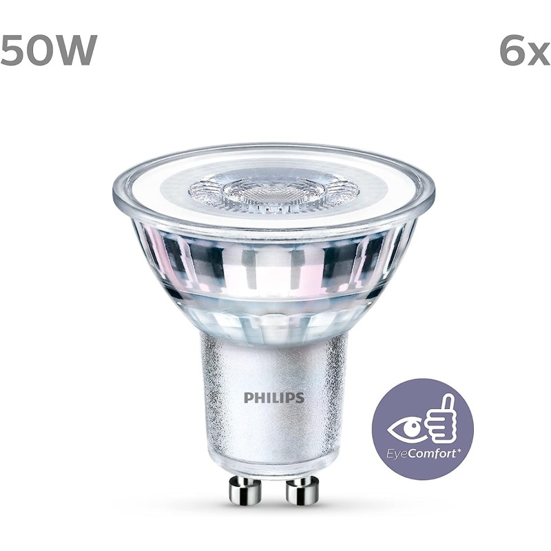 Philips LED, Faretto, 6 pz, equivalente a 50W, attacco GU10, Luce Bianca Calda - 6 Pezzi