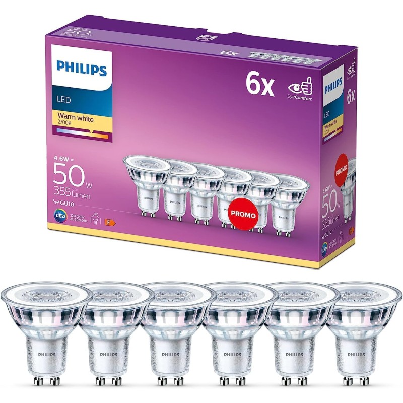 Philips LED, Faretto, 6 pz, equivalente a 50W, attacco GU10, Luce Bianca Calda - 6 Pezzi