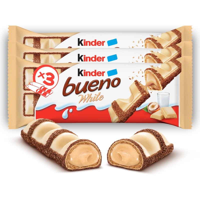 Kinder Bueno White - 6 Snack al Cioccolato Bianco e Nocciola, un Wafer Ripieno di Crema alle Nocciole Ricoperto da Cioccolato Bianco e Granella Meringata al Cacao, 3 Confezioni