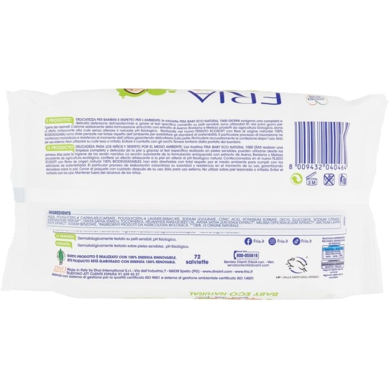 Fria Baby Eco Natural 1000 Giorni Salviette per Cambio Pannolino, Formula con Estratto di Avena ad Azione Riequilibrante sulla Pelle, Dermatologicamente Testate, Confezione da 72 Salviette - 72 unità (Confezione da 1) Fria Baby Eco Natural 1000 Giorni Salviette per Cambio Pannolino, Formula con Estratto di Avena ad Azione Riequilibrante sulla Pelle, Dermatologicamente Testate, Confezione da 72 Salviette - 72 unità (Confezione da 1)