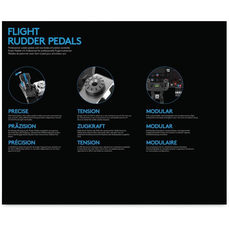 Logitech G Saitek Pro Flight Rudder, Pedaliera del Timone di Volo, Freni a Pedale Simulazione Professionale, Manopola Tensione Regolabile, Controllo ‎FPreciso, Pedali Antiscivolo, USB, PC - Nero