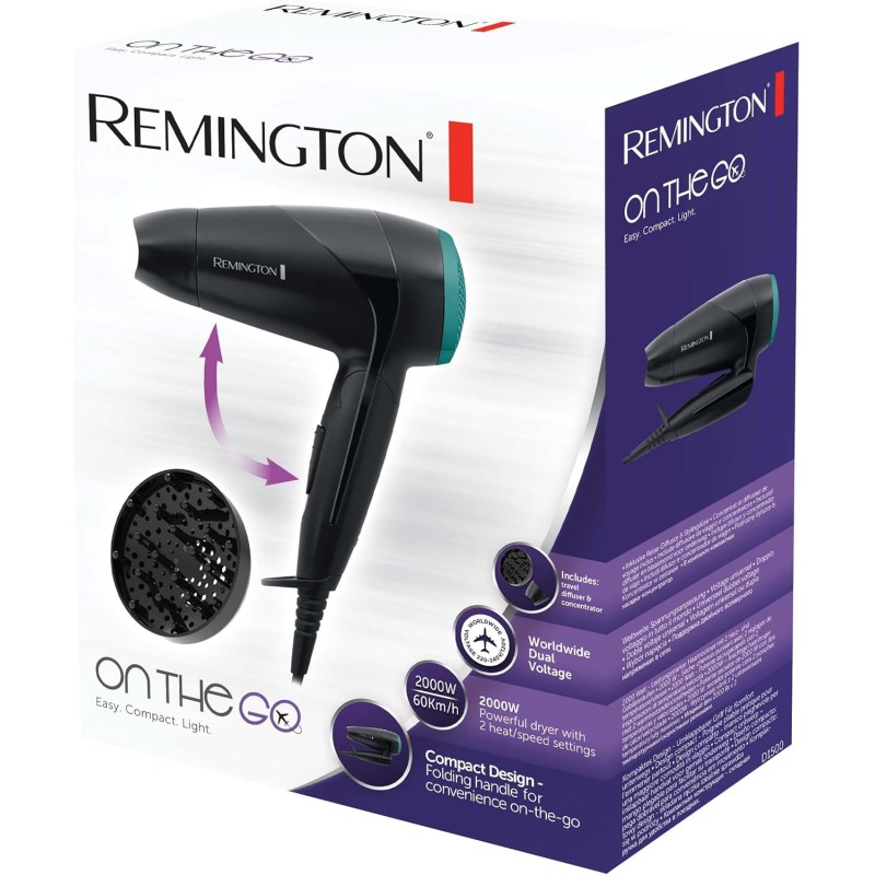 Remington Asciugacapelli 2000W - Pieghevole e Potente - Asciugacapelli da Viaggio, Bacchetta e Diffusore per styling, 2 livelli di riscaldamento e ventola, On The Go D1500
