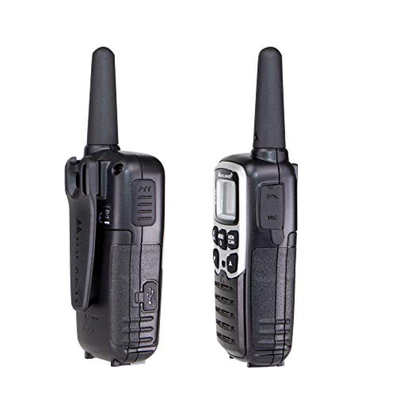Midland - Walkie Talkie XT50, 2 Ricetrasmittenti Ideali per Outdoor e Cantieri, 24 Canali PMR446 Senza Licenza, 38 Toni CTCSS, Copertura 8Km, Ricarica Rapida, Autonomia 12H, Ricaricabile con USB - Grigio