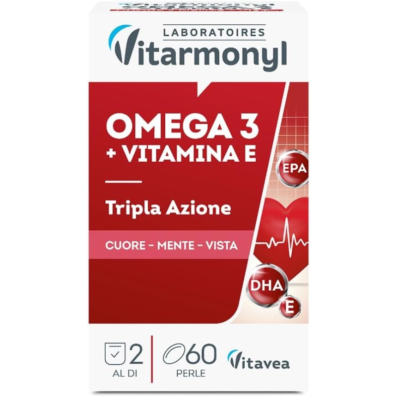 Omega 3 - Integratori per favorire la normale funzione cardiaca - Formula arricchita con Vitamina E, contro lo stress ossidativo - Per Adulti - Confezione da 60 perle softgel - Vitarmonyl