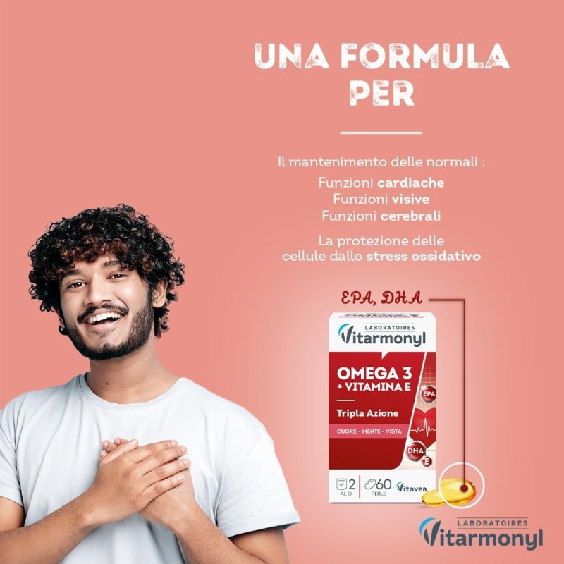 Omega 3 - Integratori per favorire la normale funzione cardiaca - Formula arricchita con Vitamina E, contro lo stress ossidativo - Per Adulti - Confezione da 60 perle softgel - Vitarmonyl
