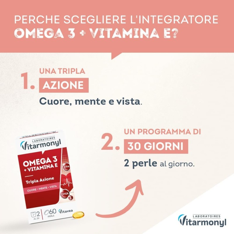 Omega 3 - Integratori per favorire la normale funzione cardiaca - Formula arricchita con Vitamina E, contro lo stress ossidativo - Per Adulti - Confezione da 60 perle softgel - Vitarmonyl