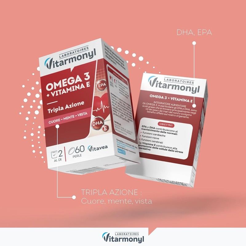 Omega 3 - Integratori per favorire la normale funzione cardiaca - Formula arricchita con Vitamina E, contro lo stress ossidativo - Per Adulti - Confezione da 60 perle softgel - Vitarmonyl