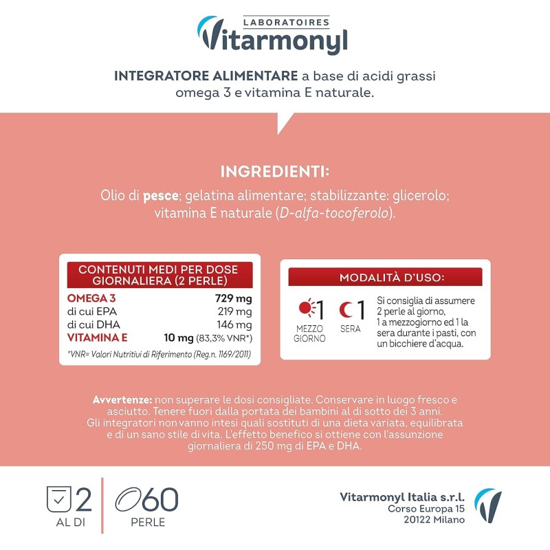 Omega 3 - Integratori per favorire la normale funzione cardiaca - Formula arricchita con Vitamina E, contro lo stress ossidativo - Per Adulti - Confezione da 60 perle softgel - Vitarmonyl