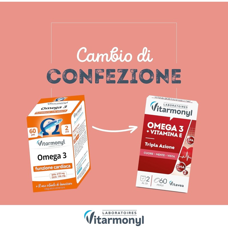 Omega 3 - Integratori per favorire la normale funzione cardiaca - Formula arricchita con Vitamina E, contro lo stress ossidativo - Per Adulti - Confezione da 60 perle softgel - Vitarmonyl