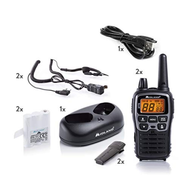 Midland - Walkie Talkie XT70, 2 Ricetrasmittenti Professionali Dual Band 93 Canali - 69 LPD/24 PMR446 Senza Licenza, Autonomia 18H, Copertura 12Km, Ricarica Rapida e Accessori, 38 toni CTCSS + 83 DCS - Grigio