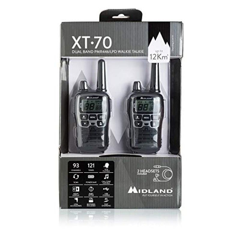 Midland - Walkie Talkie XT70, 2 Ricetrasmittenti Professionali Dual Band 93 Canali - 69 LPD/24 PMR446 Senza Licenza, Autonomia 18H, Copertura 12Km, Ricarica Rapida e Accessori, 38 toni CTCSS + 83 DCS - Grigio