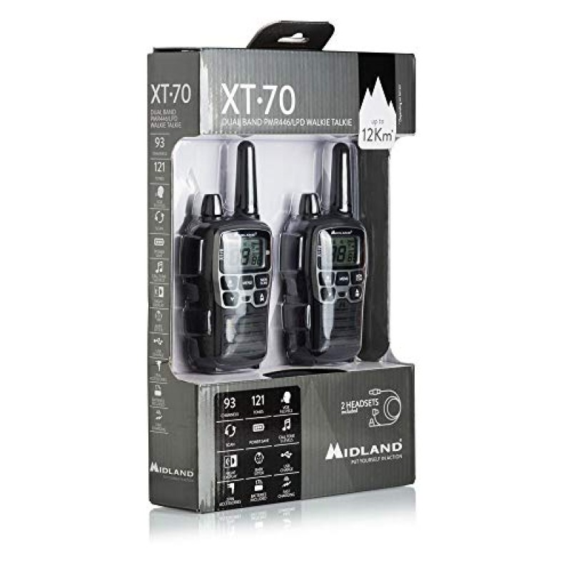 Midland - Walkie Talkie XT70, 2 Ricetrasmittenti Professionali Dual Band 93 Canali - 69 LPD/24 PMR446 Senza Licenza, Autonomia 18H, Copertura 12Km, Ricarica Rapida e Accessori, 38 toni CTCSS + 83 DCS - Grigio
