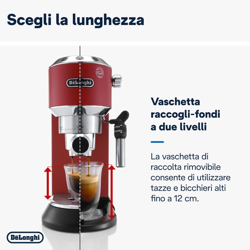 De'Longhi Dedica EC685.R Macchina Caffè Espresso Manuale, Caffè Polvere o Cialde E.S.E., Montalatte classico per Cappuccini, Spegnimento Automatico, Serbatoio 1L, Filtro Singolo/Doppio, Rosso - Rosso