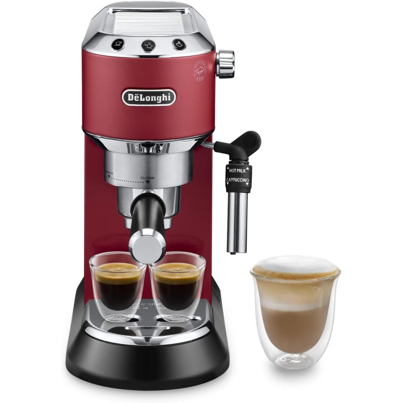 De'Longhi Dedica EC685.R Macchina Caffè Espresso Manuale, Caffè Polvere o Cialde E.S.E., Montalatte classico per Cappuccini, Spegnimento Automatico, Serbatoio 1L, Filtro Singolo/Doppio, Rosso - Rosso