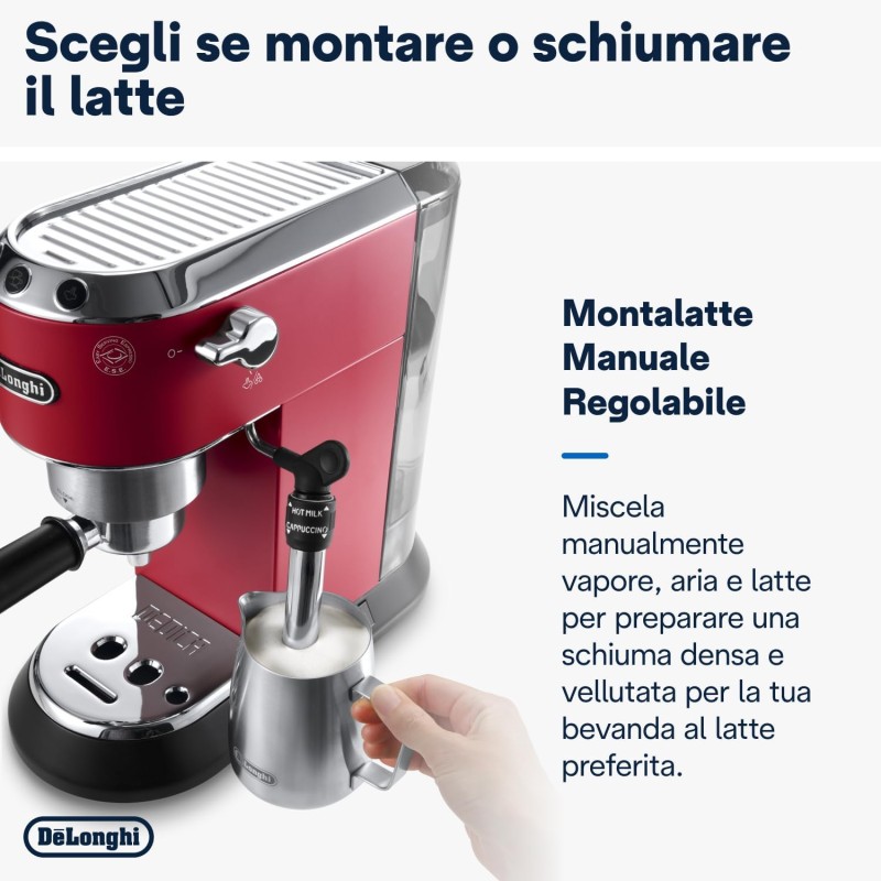 De'Longhi Dedica EC685.R Macchina Caffè Espresso Manuale, Caffè Polvere o Cialde E.S.E., Montalatte classico per Cappuccini, Spegnimento Automatico, Serbatoio 1L, Filtro Singolo/Doppio, Rosso - Rosso