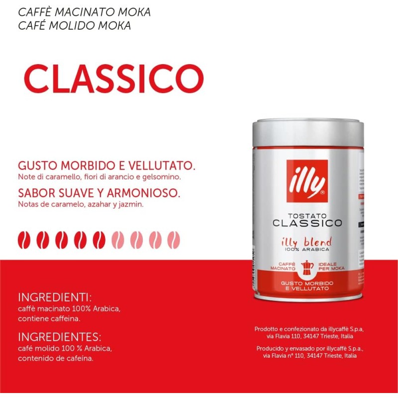 illy Classic Roasted Ground Coffee for Mocha, 250 g Jar - 250 g (Confezione da 1)