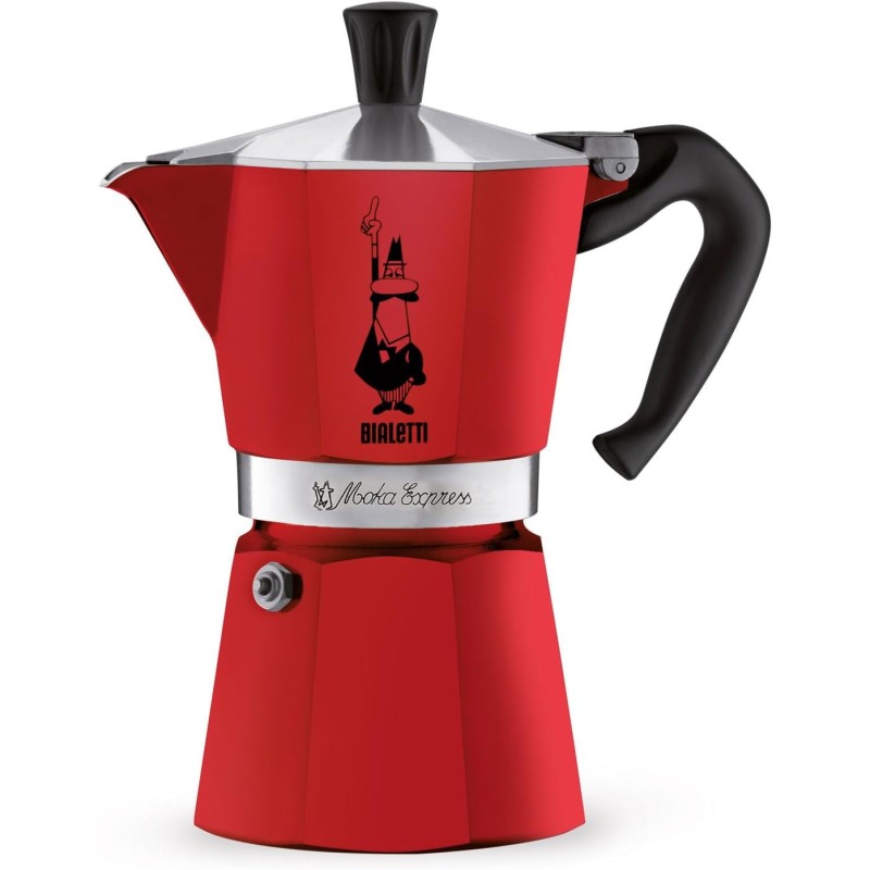 Bialetti Caffettiera Moka Express Color, 6 Tazze, Manico anti scottatura, Non adatta a induzione, 6 Tazze (250 ml), Alluminio, Rosso - 6 Tazze Rosso