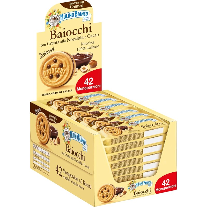 Mulino Bianco Biscotti Baiocchi con Crema alla Nocciola e Cacao, Snack Ideale per Colazione e Snack Dolce per la Merenda, Confezione da 42 Pacchetti Mulino Bianco Biscotti Baiocchi con Crema alla Nocciola e Cacao, Snack Ideale per Colazione e Snack Dolce per la Merenda, Confezione da 42 Pacchetti