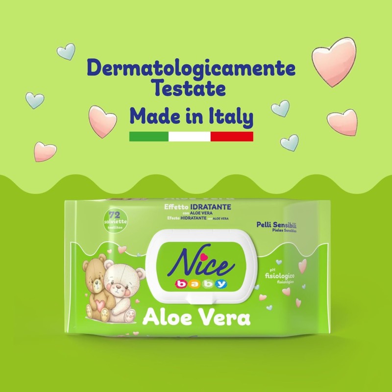 Nice Baby Aloe Vera Salviette per Cambio Pannolino, con Aloe Vera ad Effetto Idratante sulla Pelle, Dermatologicamente Testate, Confezione da 72 Salviette - 72 unità (Confezione da 1) Nice Baby Aloe Vera Salviette per Cambio Pannolino, con Aloe Vera ad Effetto Idratante sulla Pelle, Dermatologicamente Testate, Confezione da 72 Salviette - 72 unità (Confezione da 1)