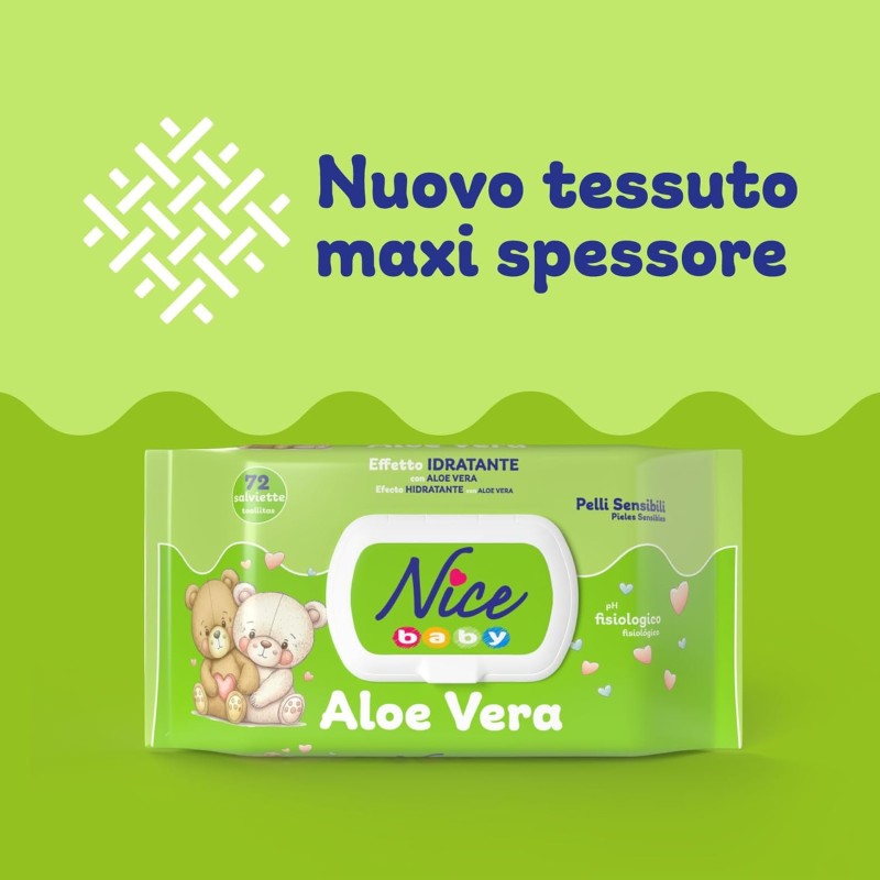 Nice Baby Aloe Vera Salviette per Cambio Pannolino, con Aloe Vera ad Effetto Idratante sulla Pelle, Dermatologicamente Testate, Confezione da 72 Salviette - 72 unità (Confezione da 1) Nice Baby Aloe Vera Salviette per Cambio Pannolino, con Aloe Vera ad Effetto Idratante sulla Pelle, Dermatologicamente Testate, Confezione da 72 Salviette - 72 unità (Confezione da 1)