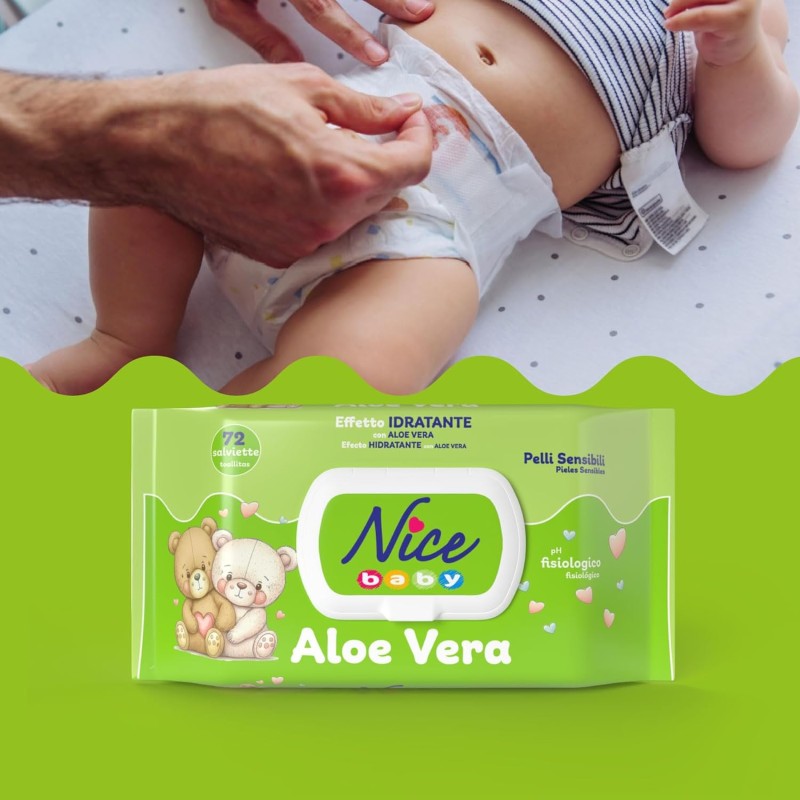 Nice Baby Aloe Vera Salviette per Cambio Pannolino, con Aloe Vera ad Effetto Idratante sulla Pelle, Dermatologicamente Testate, Confezione da 72 Salviette - 72 unità (Confezione da 1) Nice Baby Aloe Vera Salviette per Cambio Pannolino, con Aloe Vera ad Effetto Idratante sulla Pelle, Dermatologicamente Testate, Confezione da 72 Salviette - 72 unità (Confezione da 1)