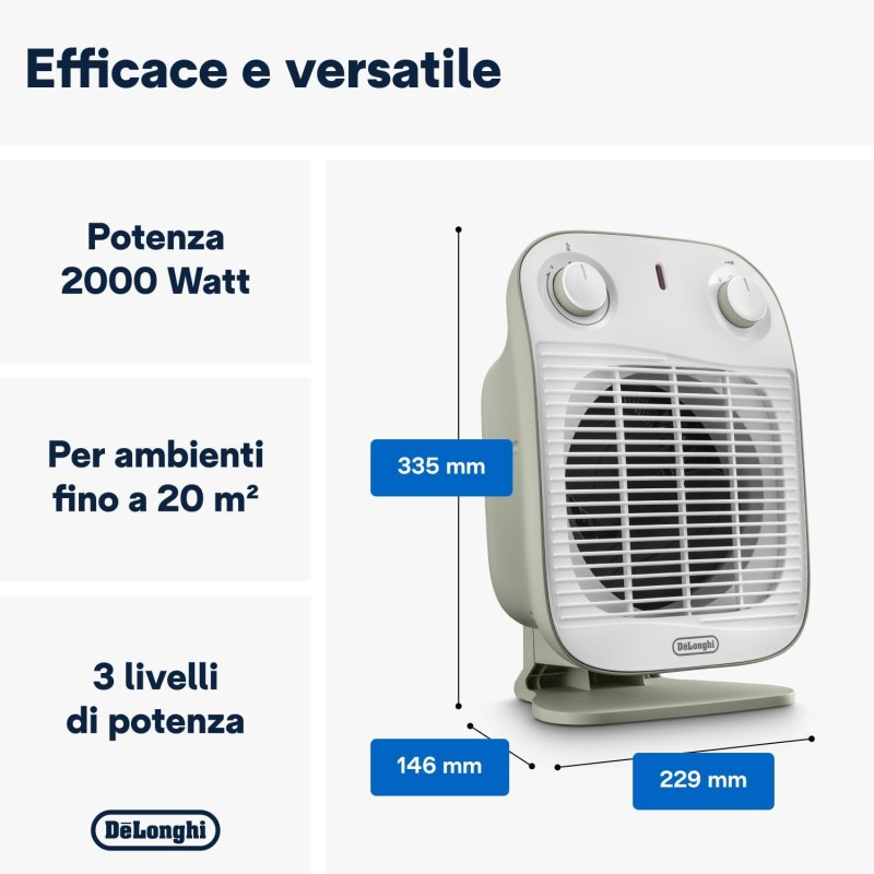 De'Longhi HFS50B20.GR Termoventilatore, Silenzioso e leggero, 3 livelli di potenza, ventilazione estiva, protezione antigoccia, maniglia, dispositivo di sicurezza, luce, protezione antigelo, Salvia - Salvia