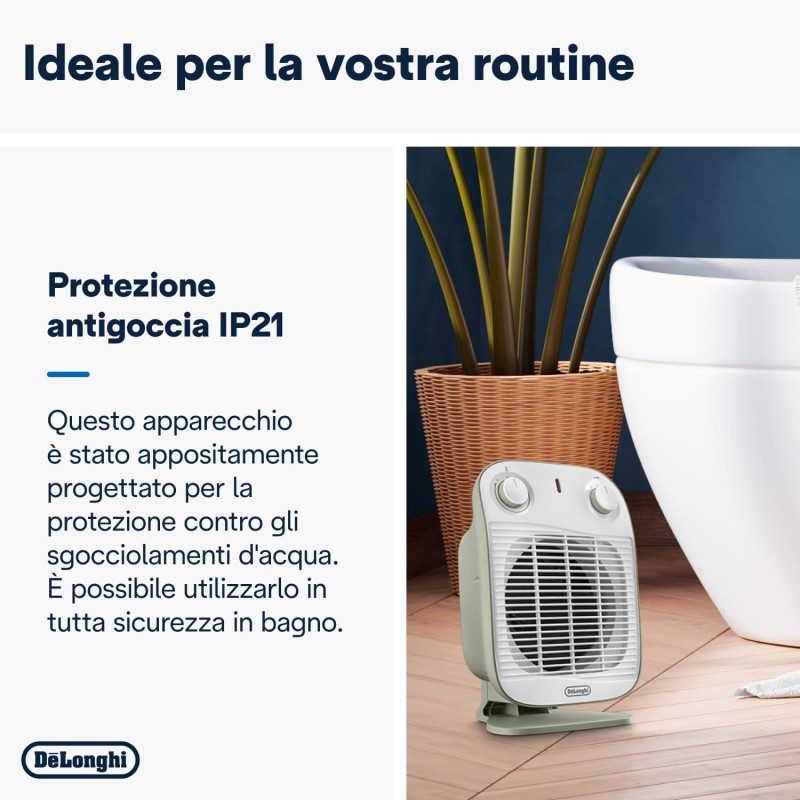 De'Longhi HFS50B20.GR Termoventilatore, Silenzioso e leggero, 3 livelli di potenza, ventilazione estiva, protezione antigoccia, maniglia, dispositivo di sicurezza, luce, protezione antigelo, Salvia - Salvia