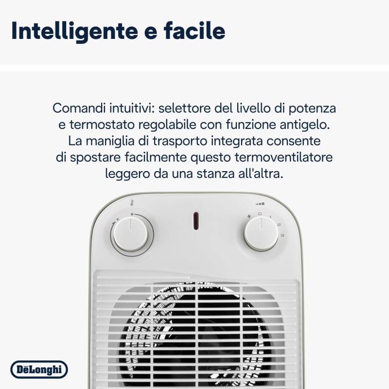 De'Longhi HFS50B20.GR Termoventilatore, Silenzioso e leggero, 3 livelli di potenza, ventilazione estiva, protezione antigoccia, maniglia, dispositivo di sicurezza, luce, protezione antigelo, Salvia - Salvia