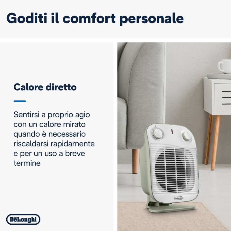 De'Longhi HFS50B20.GR Termoventilatore, Silenzioso e leggero, 3 livelli di potenza, ventilazione estiva, protezione antigoccia, maniglia, dispositivo di sicurezza, luce, protezione antigelo, Salvia - Salvia