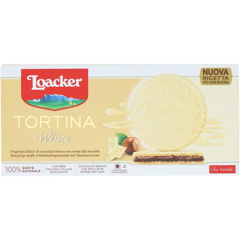 Loacker - Tortina Gran Pasticceria White - Cialde Wafer Ricoperte di Cioccolato Bianco e Ripiene di Crema alle Nocciole 100% Italiane - Merenda e Snack - Formato Convenienza -12 Confezioni - 12 Unità (Confezioni da 3 Tortine)
