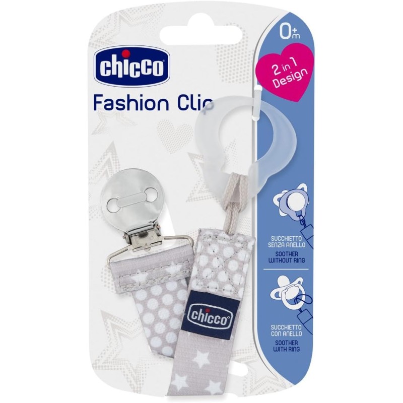 Chicco Fashion Clip Salvasucchietto Con Nastro, Universale, Per Agganciare Ciucci, Catenella Porta Ciuccio Neonato, Neutro, 0 Mesi+ - neutro