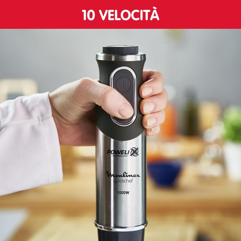 Moulinex DD6558 Quickchef 3in1 Frullatore a Immersione, 1000 W, Mixer con Tecnologia Powelix e 10 Velocità, 3 Accessori, Bicchiere 800 ml, Tritatutto 500 ml e Frusta, Lame in Acciaio Inossidabile