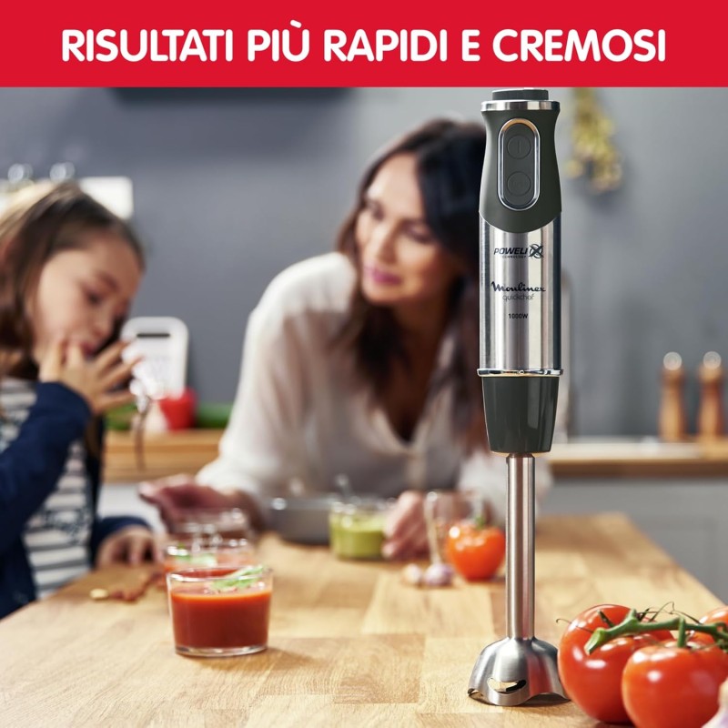 Moulinex DD6558 Quickchef 3in1 Frullatore a Immersione, 1000 W, Mixer con Tecnologia Powelix e 10 Velocità, 3 Accessori, Bicchiere 800 ml, Tritatutto 500 ml e Frusta, Lame in Acciaio Inossidabile