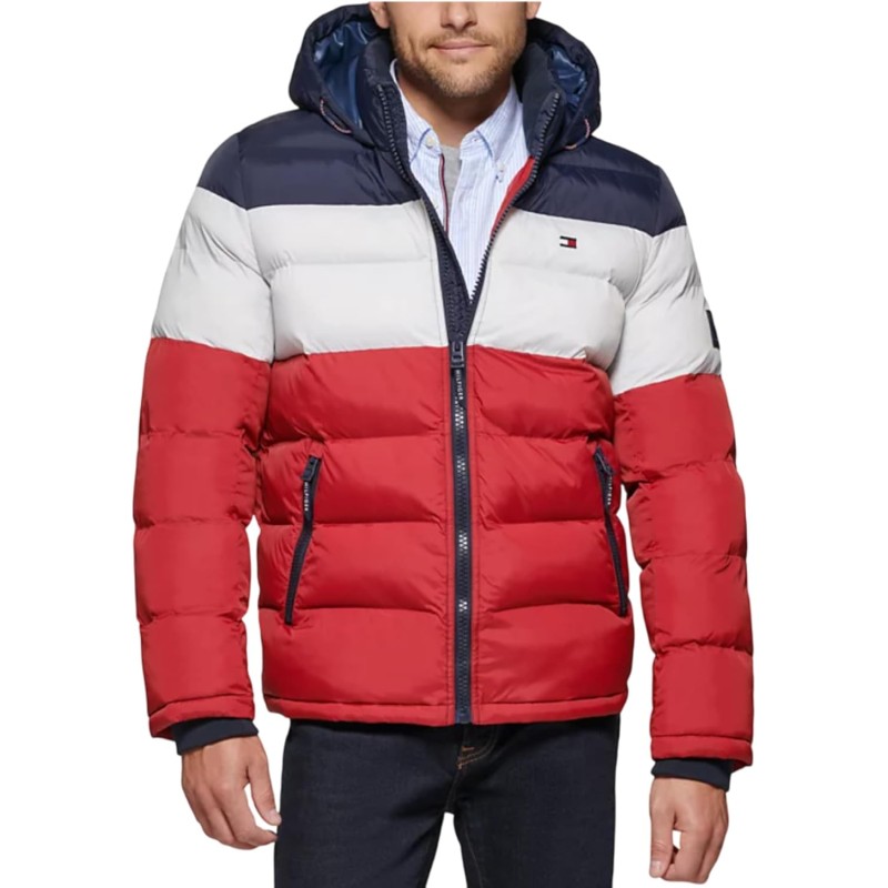 Tommy Hilfiger Uomo Giacca con Cappuccio - M Midnight, bianco/rosso.