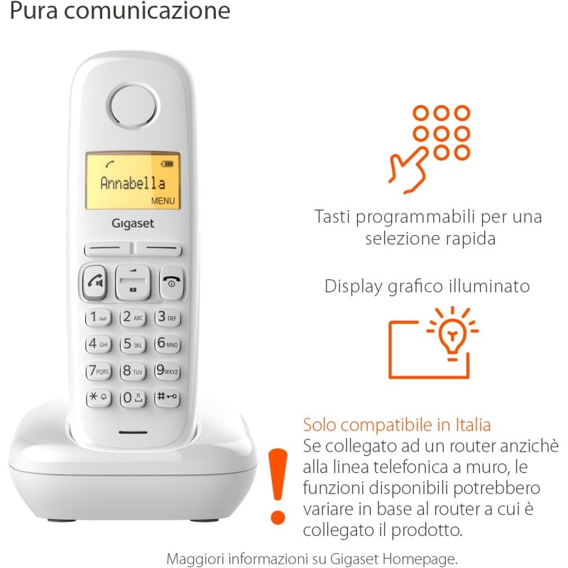 Gigaset A270 - Telefono Cordless con Vivavoce - Display Grafico Illuminato - Lunga durata delle batterie, Bianco [Versione Italiana] - Bianco
