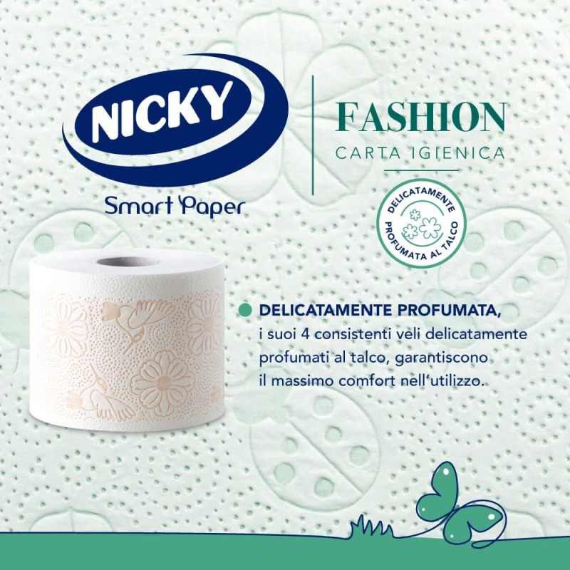 Nicky Fashion - 36 Rotoli di Carta Igienica, 165 Soffici Fogli a 4 Veli, 3 Diverse Texture e Colori, Delicato Profumo di Talco, Carta 100% Certificata FSC - 36 Rotoli