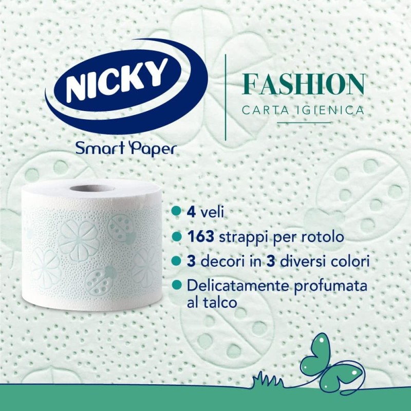 Nicky Fashion - 36 Rotoli di Carta Igienica, 165 Soffici Fogli a 4 Veli, 3 Diverse Texture e Colori, Delicato Profumo di Talco, Carta 100% Certificata FSC - 36 Rotoli