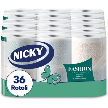 Nicky Fashion - 36 Rotoli di Carta Igienica, 165 Soffici Fogli a 4 Veli, 3 Diverse Texture e Colori, Delicato Profumo di Talco, Carta 100% Certificata FSC - 36 Rotoli Nicky Fashion - 36 Rotoli di Carta Igienica, 165 Soffici Fogli a 4 Veli, 3 Diverse Texture e Colori, Delicato Profumo di Talco, Carta 100% Certificata FSC - 36 Rotoli