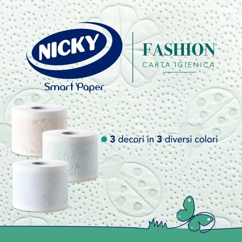 Nicky Fashion - 36 Rotoli di Carta Igienica, 165 Soffici Fogli a 4 Veli, 3 Diverse Texture e Colori, Delicato Profumo di Talco, Carta 100% Certificata FSC - 36 Rotoli