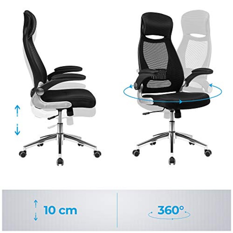 SONGMICS OBN86BK Sedia da ufficio ergonomica, girevole, con braccioli regolabili in altezza, schienale in tela traspirante, nera, 64 x 55 x (117-126,5) cm - Nero