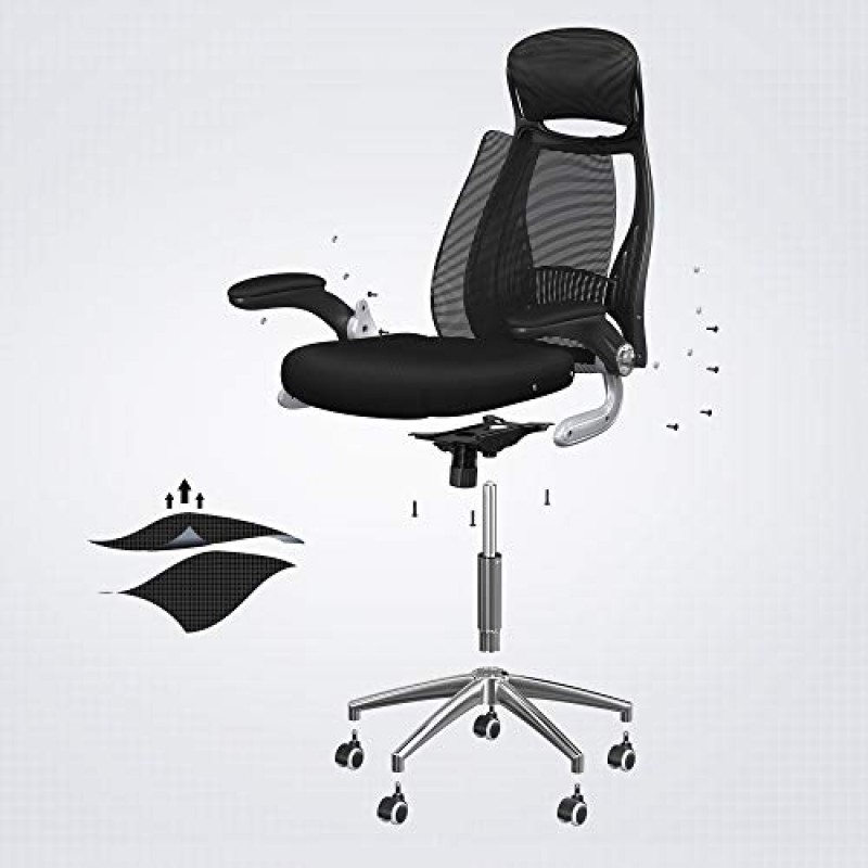 SONGMICS OBN86BK Sedia da ufficio ergonomica, girevole, con braccioli regolabili in altezza, schienale in tela traspirante, nera, 64 x 55 x (117-126,5) cm - Nero
