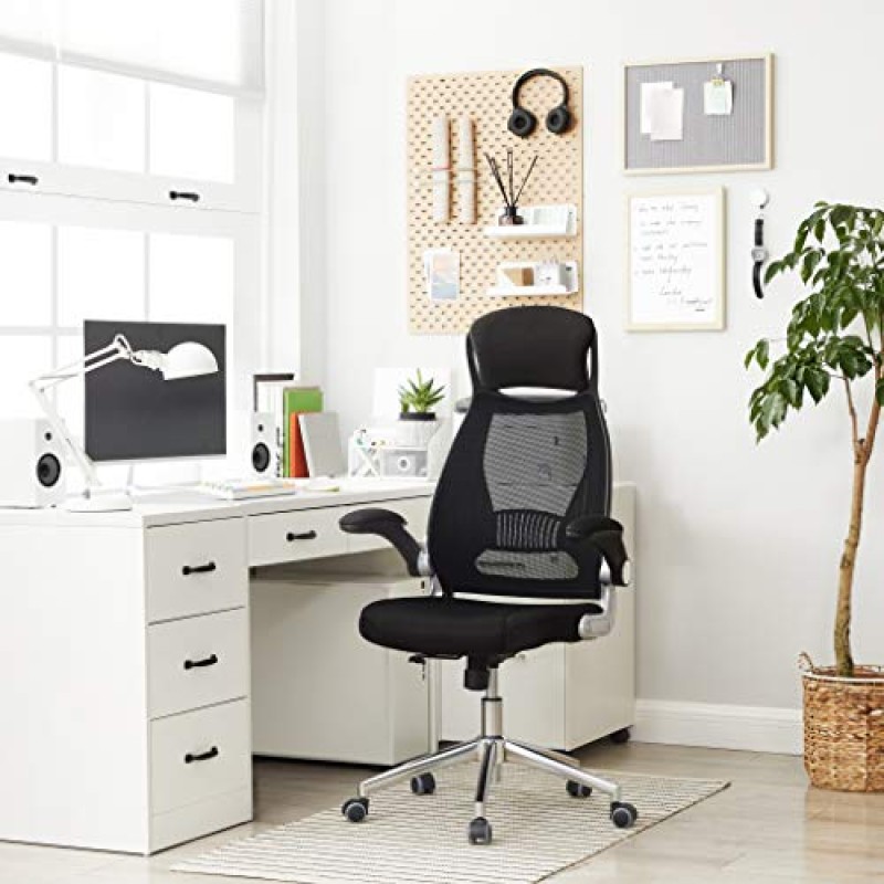 SONGMICS OBN86BK Sedia da ufficio ergonomica, girevole, con braccioli regolabili in altezza, schienale in tela traspirante, nera, 64 x 55 x (117-126,5) cm - Nero
