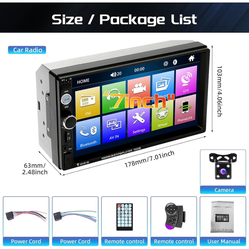Podofo 2 DIN Autoradio Bluetooth 7 Pollici Touch Screen Dulica Schermo per Android/iOS Radio FM USB AUX-in SD/TF 2Din Auto Lettore multimediale +Fotocamera+Telecomando