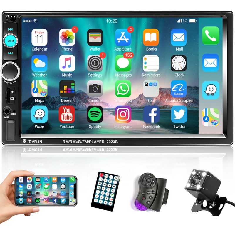 Podofo 2 DIN Autoradio Bluetooth 7 Pollici Touch Screen Dulica Schermo per Android/iOS Radio FM USB AUX-in SD/TF 2Din Auto Lettore multimediale +Fotocamera+Telecomando
